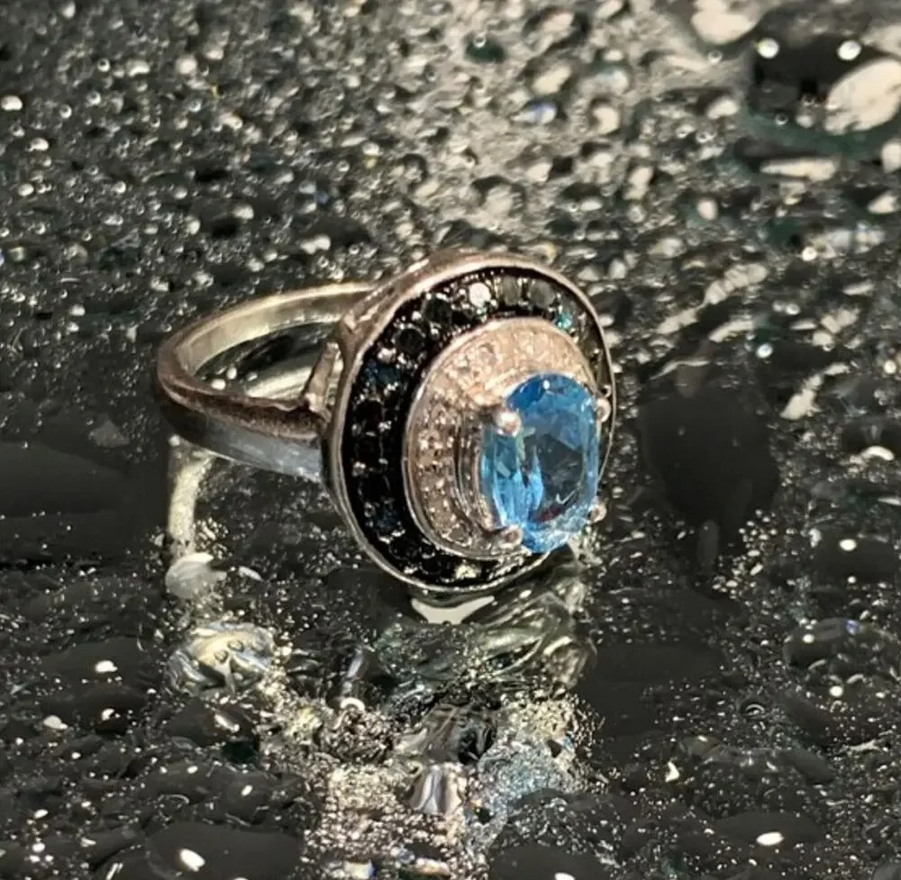 925 Sterling Silver Aquamarine & Spinel Ring Size 6.75